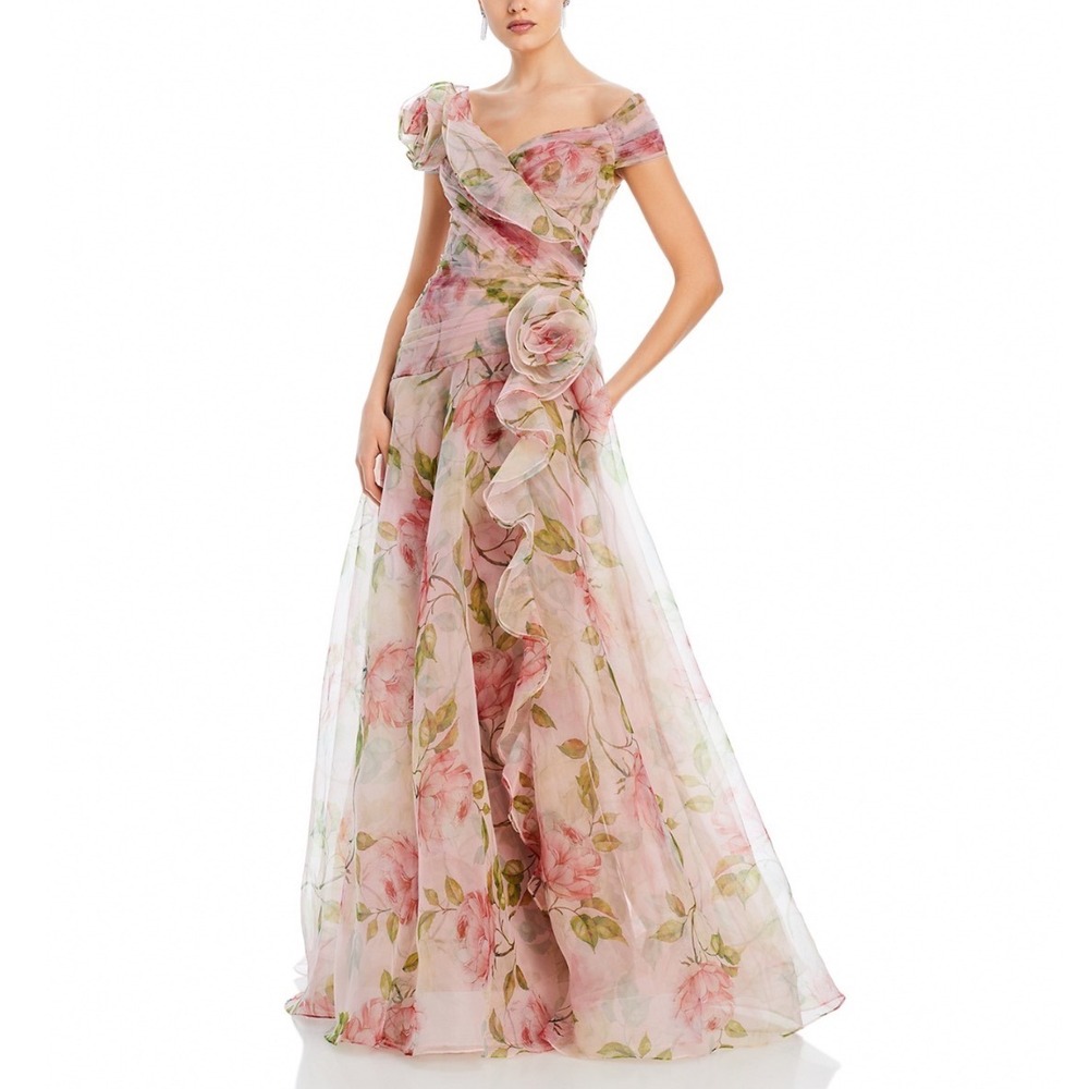 Teri Jon by Rickie Freeman Organza Ruffled Rosette Gown Blush Multi Floral 6